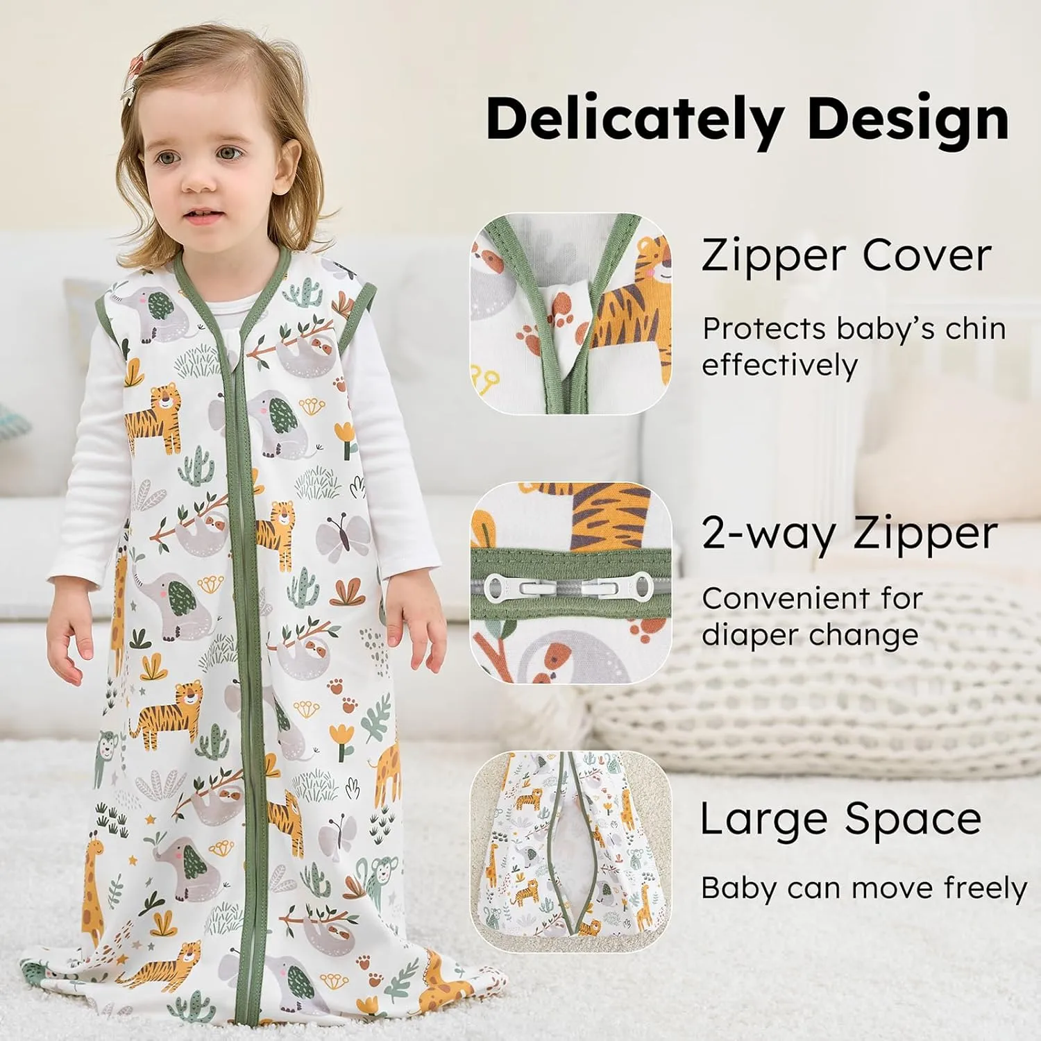 Baby Sleep Sack 6-12 months, 100% Cotton Sleeping Sack for Newborn and Infant, 3 Pack Baby Wearable Blanket for Boy and Girl, 0.5 Tog Lightweight Double Zipper Sleep Bag Green Brown Giraffe