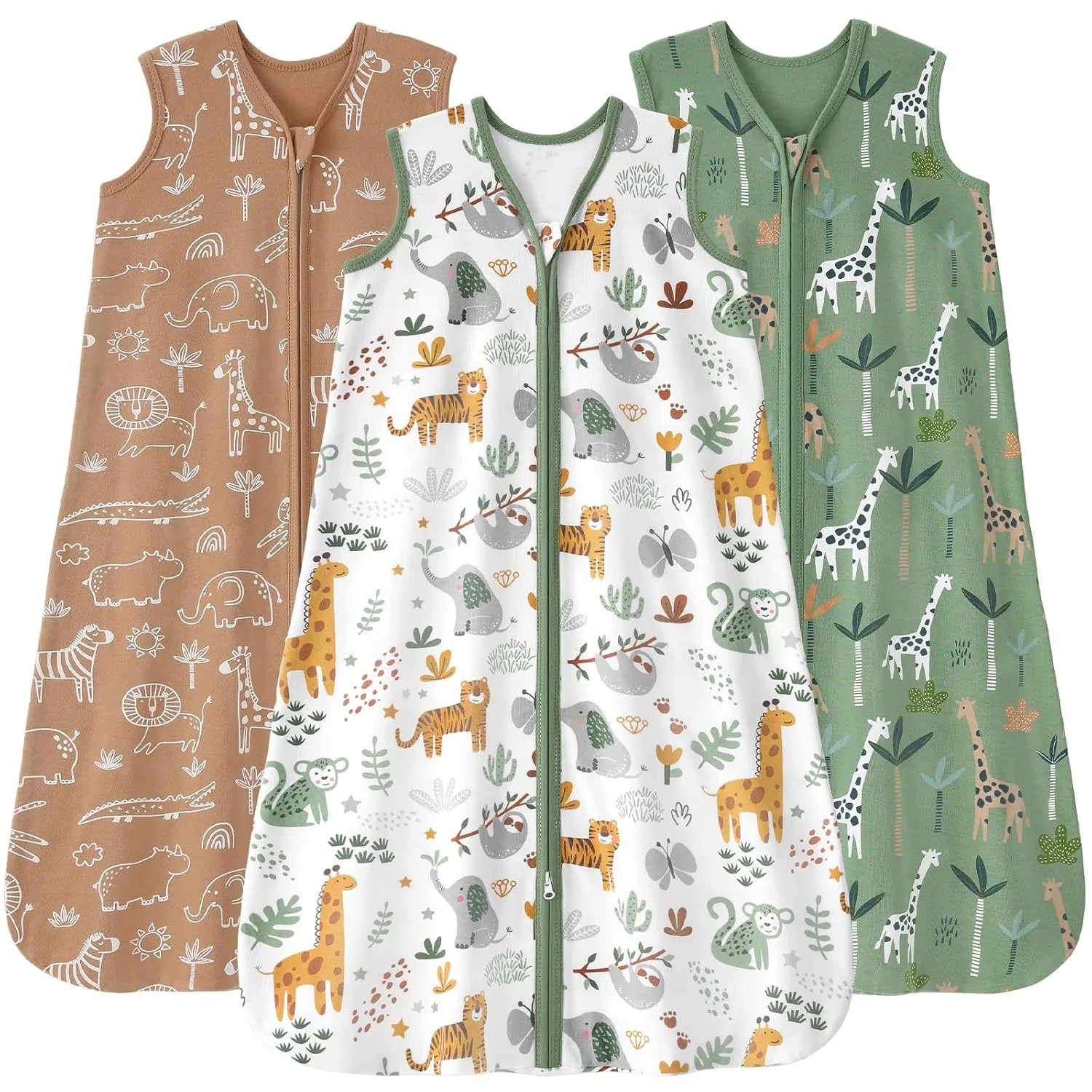 Baby Sleep Sack 6-12 months, 100% Cotton Sleeping Sack for Newborn and Infant, 3 Pack Baby Wearable Blanket for Boy and Girl, 0.5 Tog Lightweight Double Zipper Sleep Bag Green Brown Giraffe