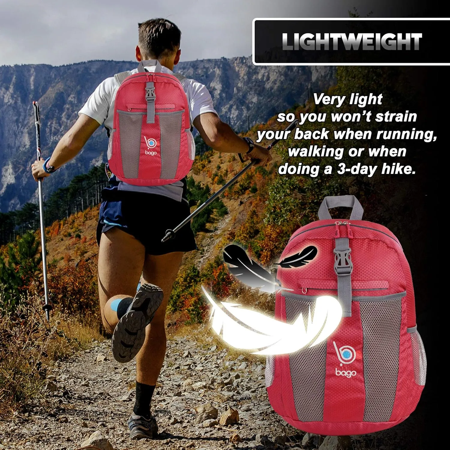 bago Lightweight Small Hiking Backpack for Women and Men - 25L Travel Day Pack - Foldable Hiking Daypack Ultralight for Camping Outdoor Sports - Day Bag Packable Backpack for Travel (Red)