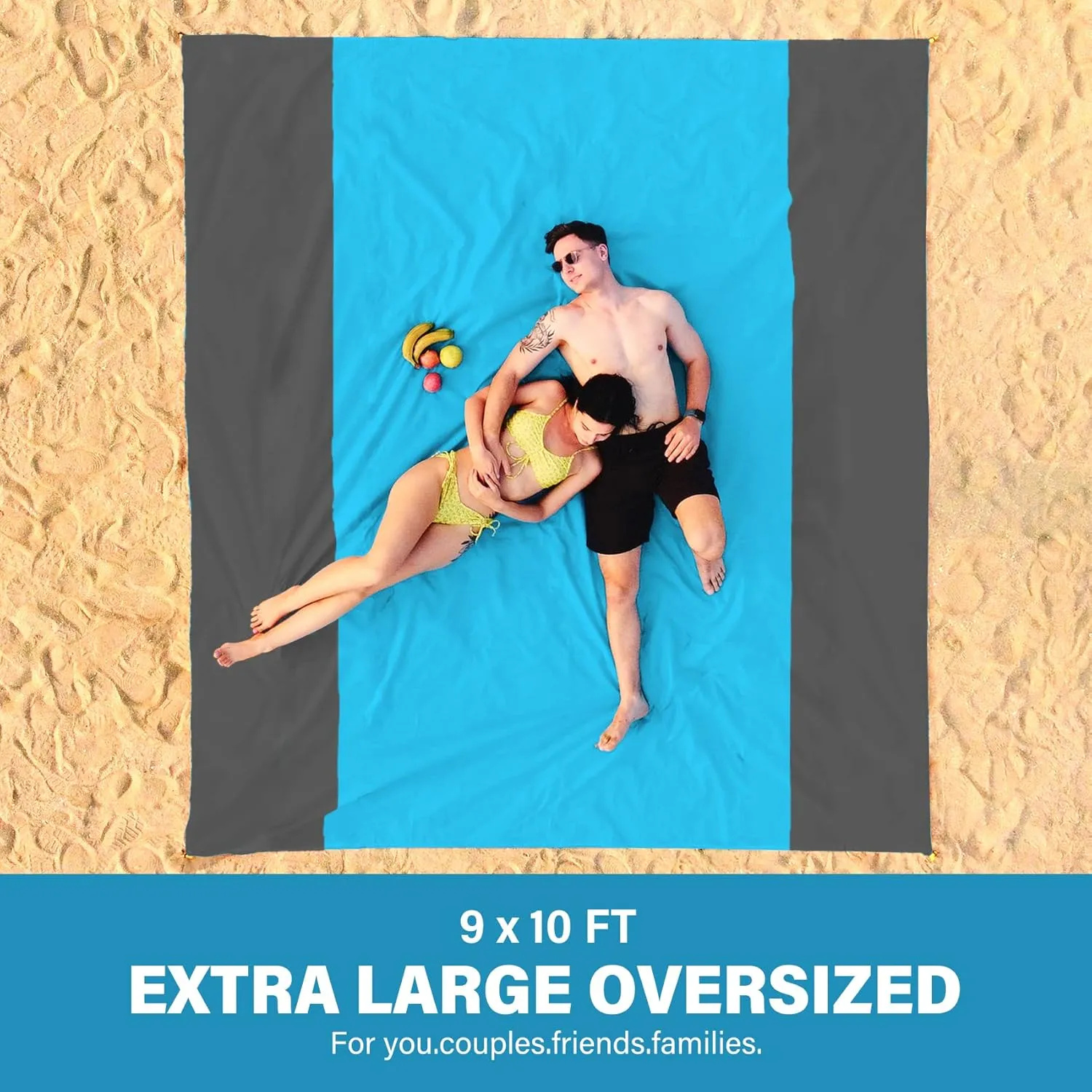 Beach Blanket Oversized Extra Large 10'X 9',Waterproof Sandproof Beach Blanket 2-8 Adults Lightweight Durable for Travel Camping Hiking Picnic (10'X 9', Blue&Grey)