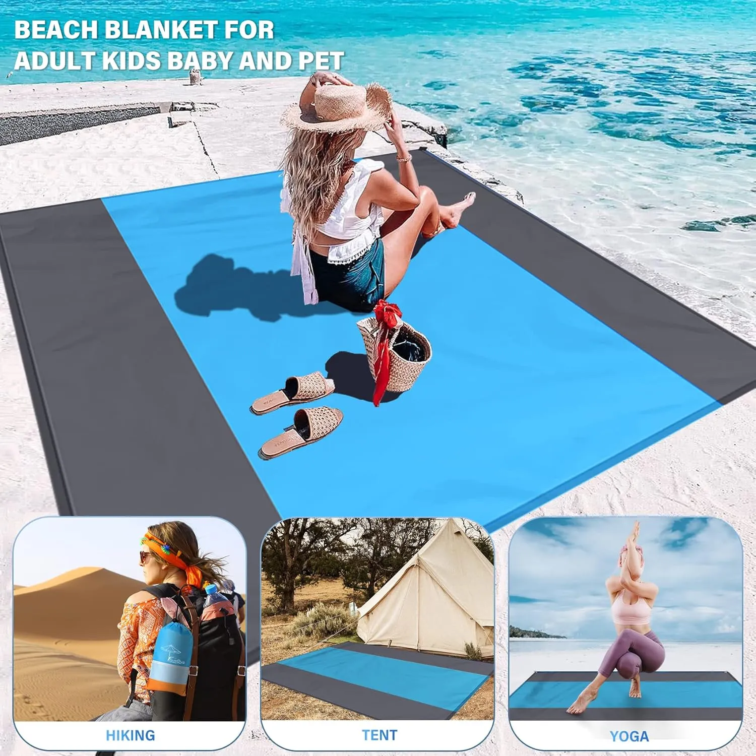 Beach Blanket Oversized Extra Large 10'X 9',Waterproof Sandproof Beach Blanket 2-8 Adults Lightweight Durable for Travel Camping Hiking Picnic (10'X 9', Blue&Grey)