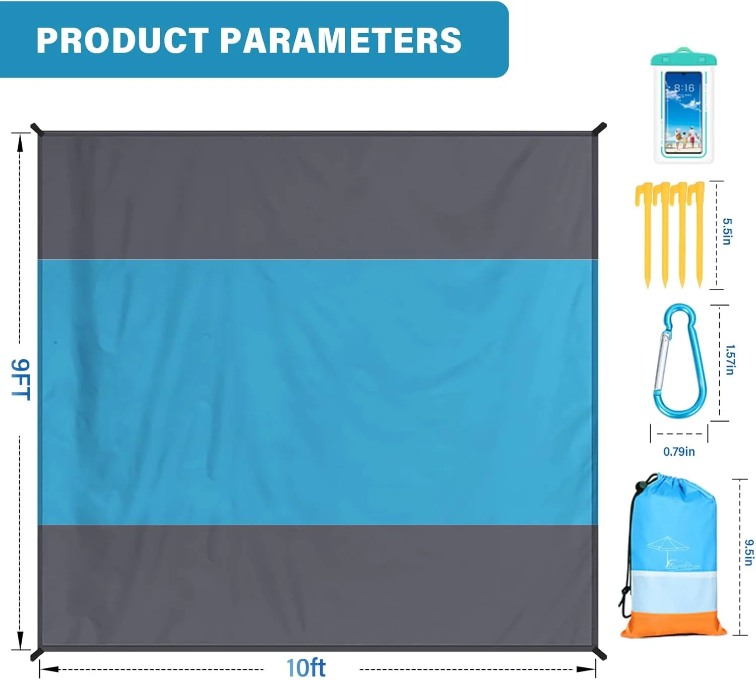 Beach Blanket Oversized Extra Large 10'X 9',Waterproof Sandproof Beach Blanket 2-8 Adults Lightweight Durable for Travel Camping Hiking Picnic (10'X 9', Blue&Grey)