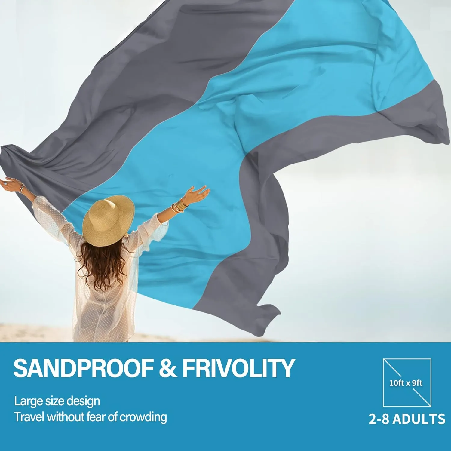 Beach Blanket Oversized Extra Large 10'X 9',Waterproof Sandproof Beach Blanket 2-8 Adults Lightweight Durable for Travel Camping Hiking Picnic (10'X 9', Blue&Grey)