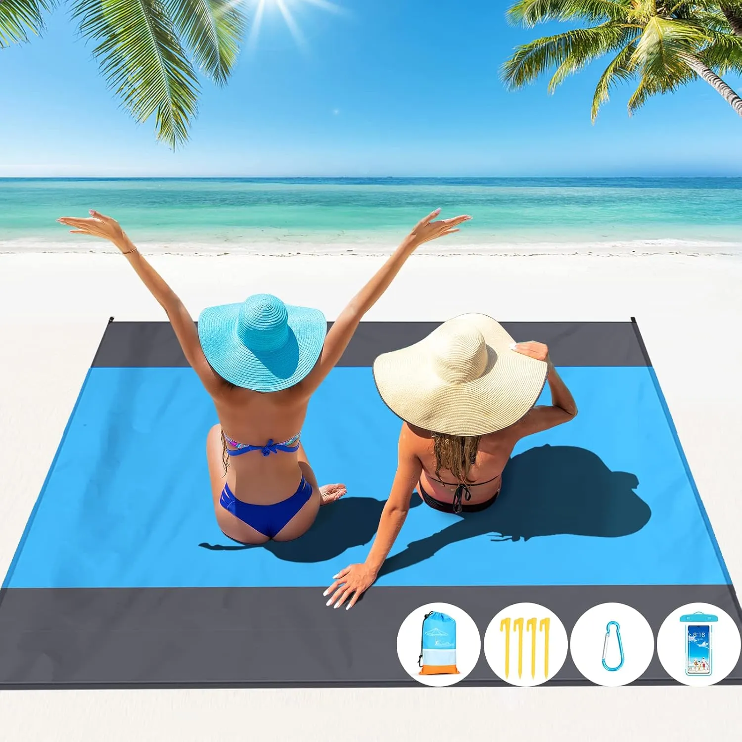 Beach Blanket Oversized Extra Large 10'X 9',Waterproof Sandproof Beach Blanket 2-8 Adults Lightweight Durable for Travel Camping Hiking Picnic (10'X 9', Blue&Grey)