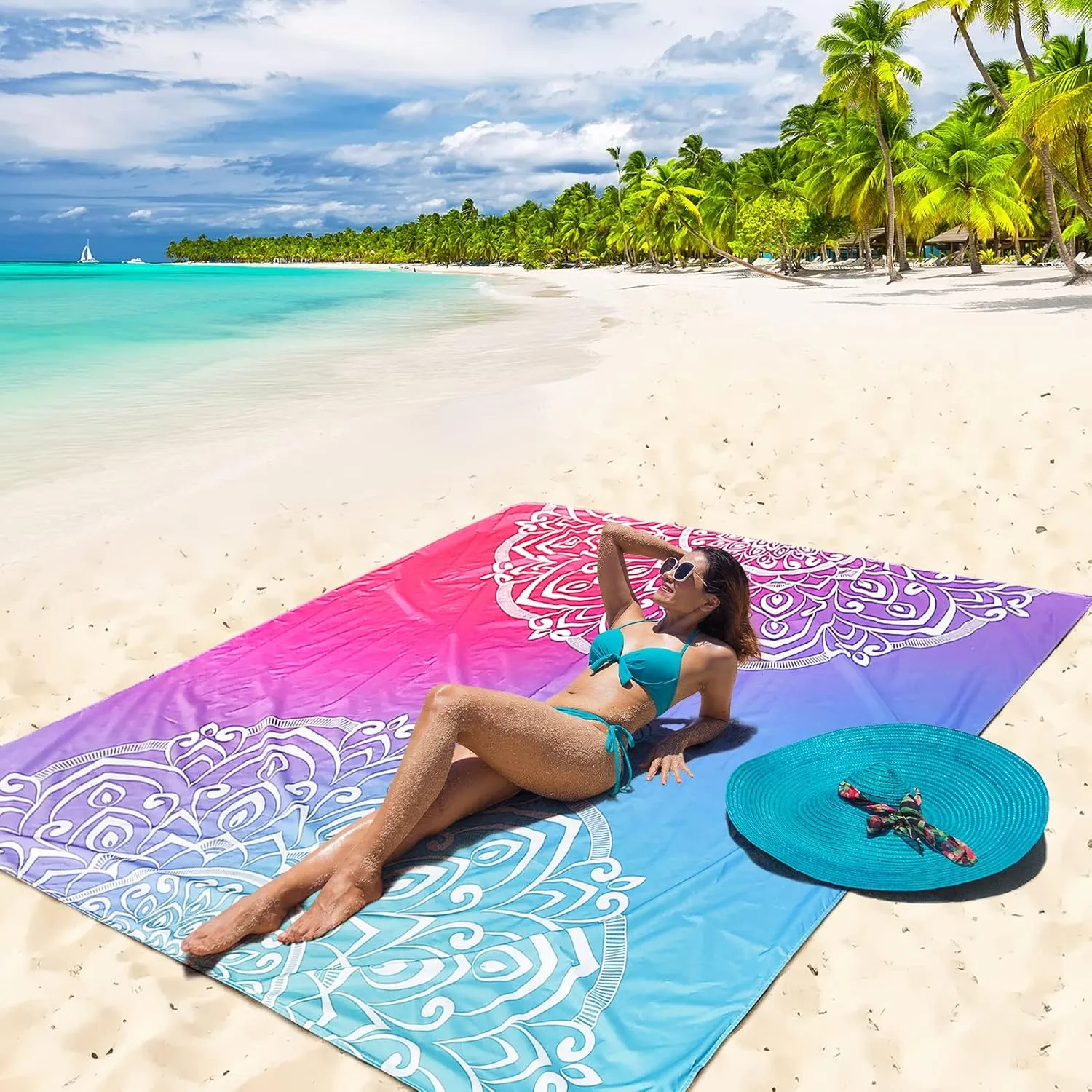 Beach Blanket, Sandproof Beach Mat, Waterproof Quick Drying Lightweight Outdoor Aztec Picnic Mat 79" X 83" for 2-4 Adults with Pocket for Travel, Camping, Hiking