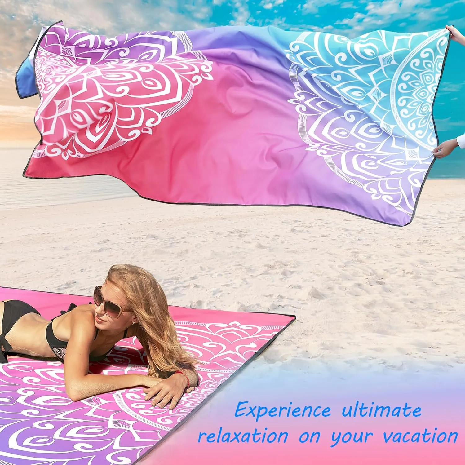 Beach Blanket, Sandproof Beach Mat, Waterproof Quick Drying Lightweight Outdoor Aztec Picnic Mat 79" X 83" for 2-4 Adults with Pocket for Travel, Camping, Hiking