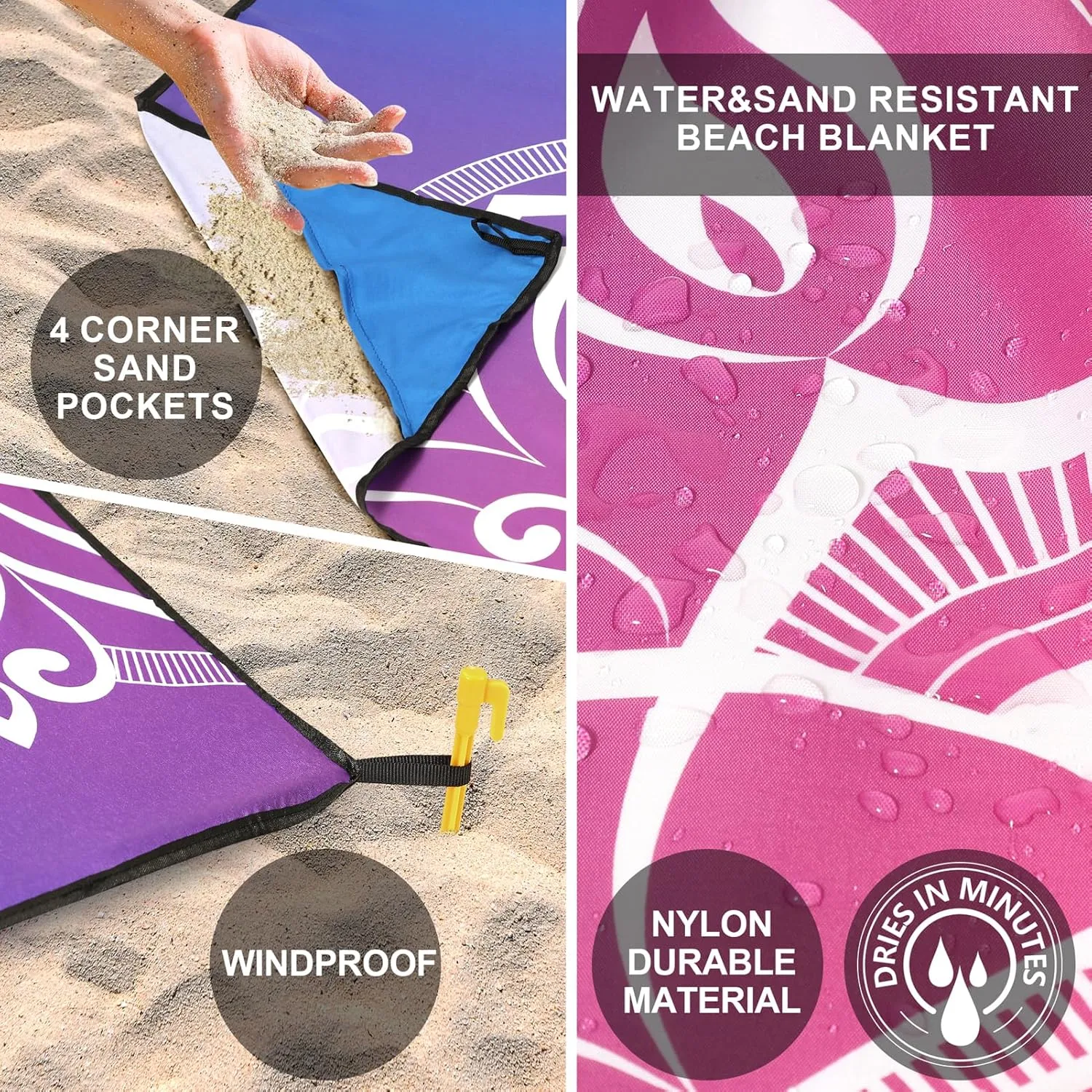 Beach Blanket, Sandproof Beach Mat, Waterproof Quick Drying Lightweight Outdoor Aztec Picnic Mat 79" X 83" for 2-4 Adults with Pocket for Travel, Camping, Hiking