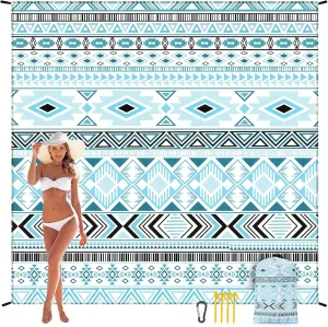 Beach Blanket Sandproof Extra Large Beach Mat Adults Waterproof Quick Drying Sand Free Mat Made by Premium Polyester with 4 Stakes & 4 Corner Pockets for Outdoor Travel Camping Hiking