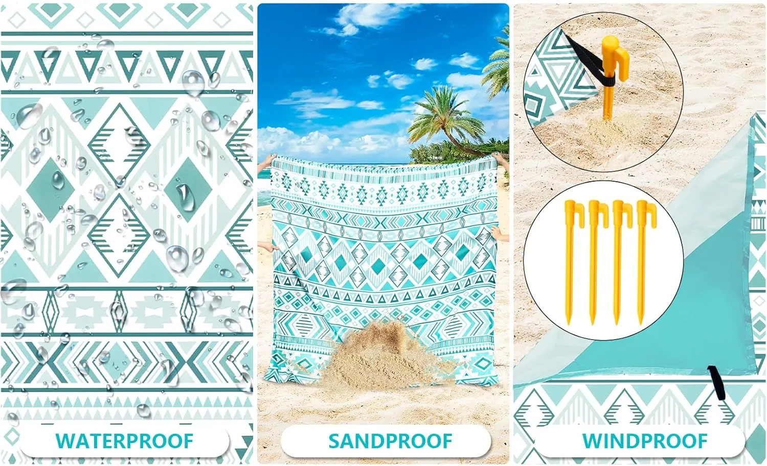 Beach Blanket Sandproof Extra Large Beach Mat Adults Waterproof Quick Drying Sand Free Mat Made by Premium Polyester with 4 Stakes & 4 Corner Pockets for Outdoor Travel Camping Hiking