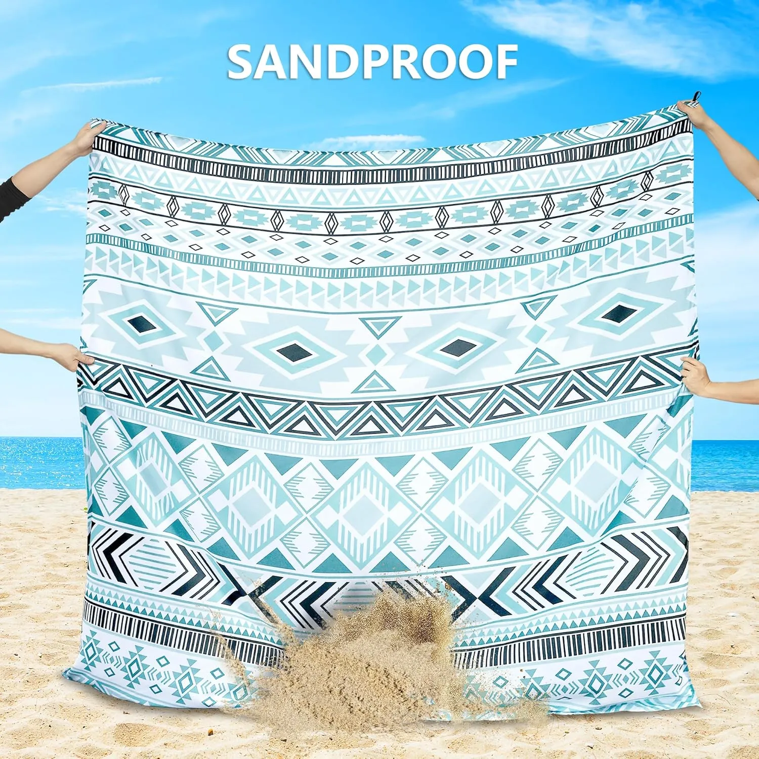 Beach Blanket Sandproof Extra Large Beach Mat Adults Waterproof Quick Drying Sand Free Mat Made by Premium Polyester with 4 Stakes & 4 Corner Pockets for Outdoor Travel Camping Hiking