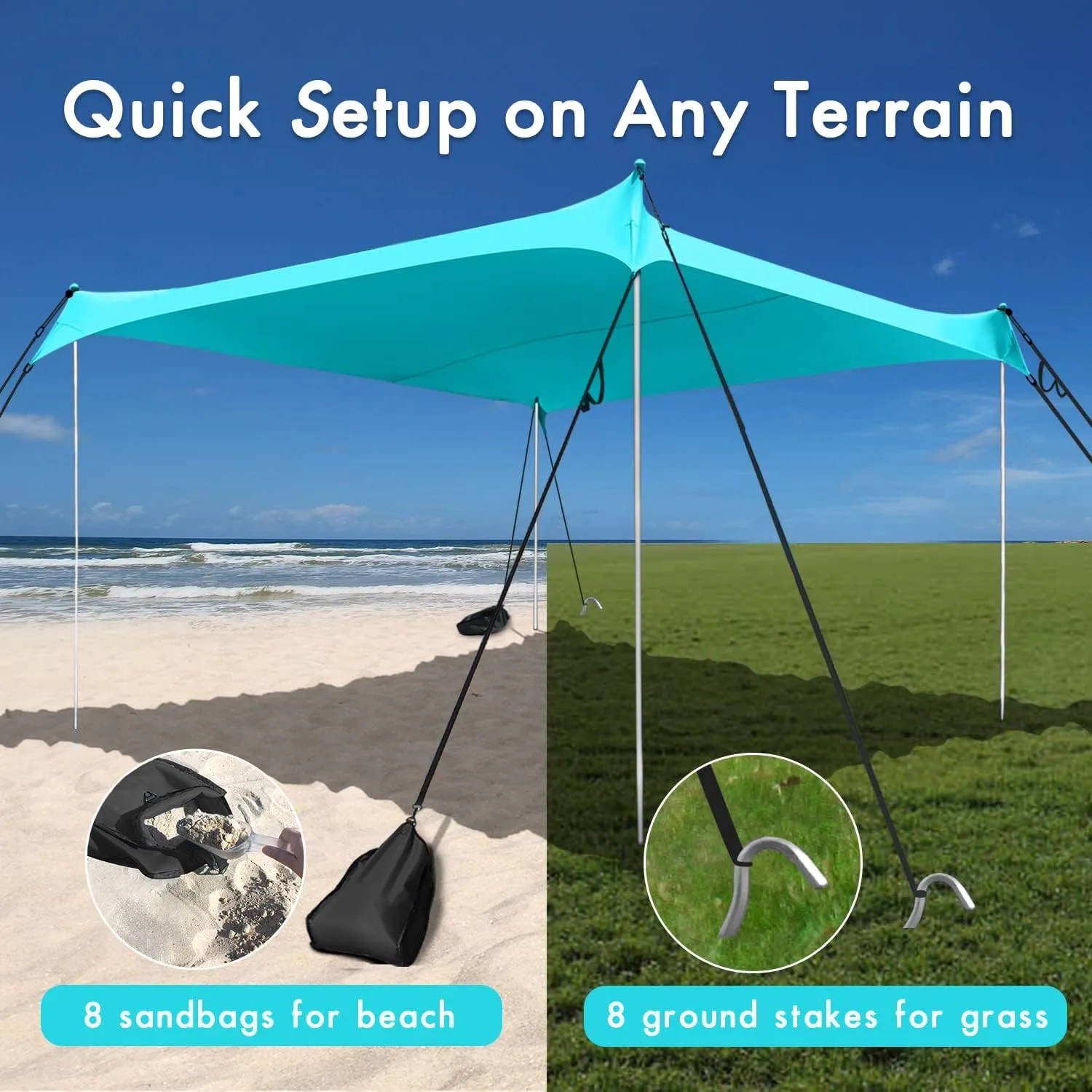 Beach Shade Windproof Design, Sun Shelter UPF50  Portable Family Canopy Tent with 8 Sandbag Anchors 10x10 FT 4 Poles Pop Up Outdoor Shelter for Beach, Camping, Fishing, Backyard and Picnics