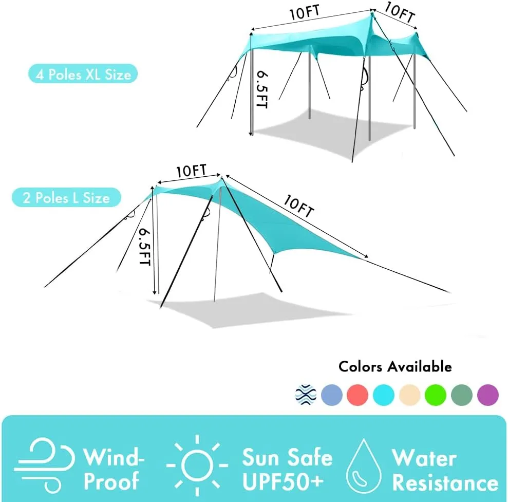 Beach Shade Windproof Design, Sun Shelter UPF50  Portable Family Canopy Tent with 8 Sandbag Anchors 10x10 FT 4 Poles Pop Up Outdoor Shelter for Beach, Camping, Fishing, Backyard and Picnics