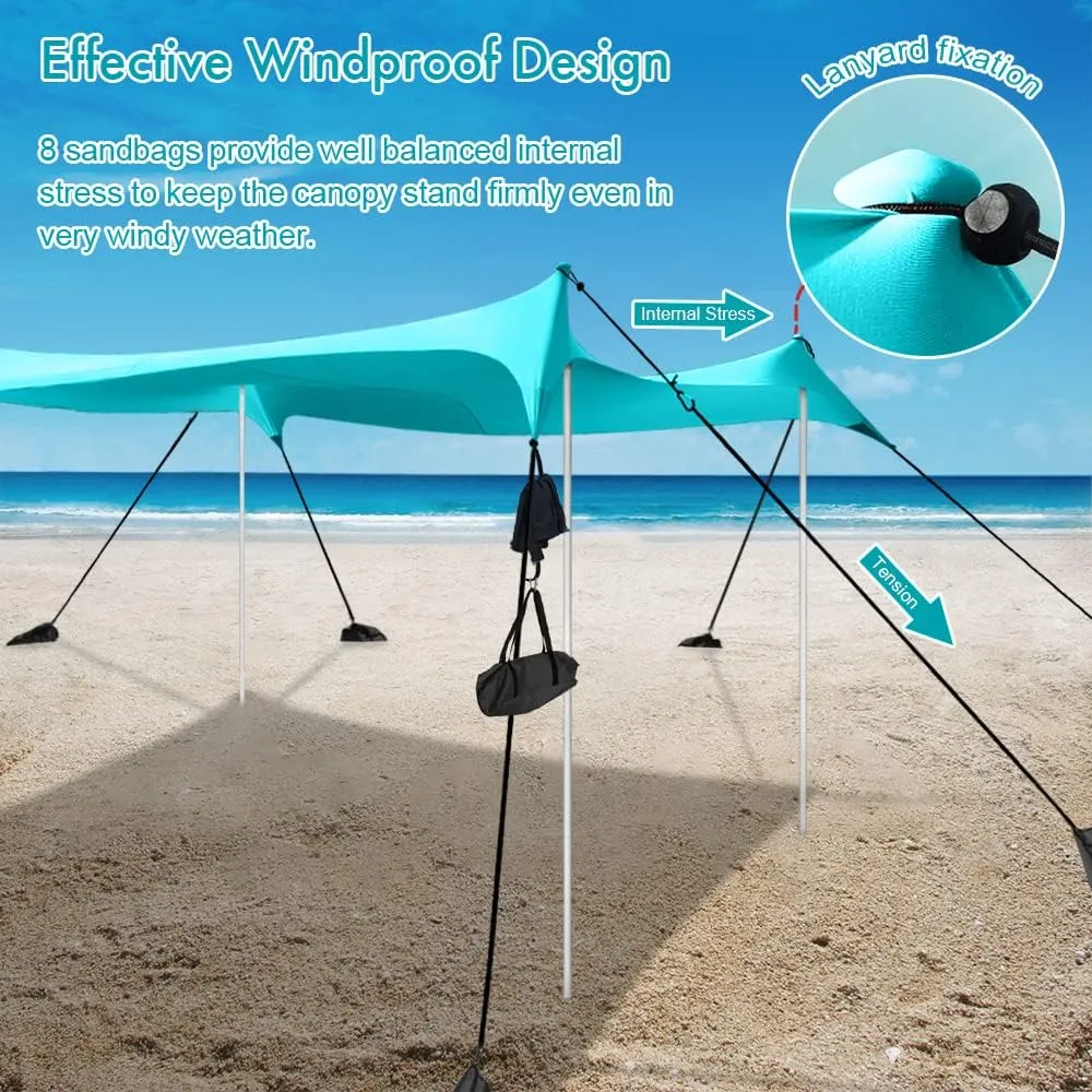 Beach Shade Windproof Design, Sun Shelter UPF50  Portable Family Canopy Tent with 8 Sandbag Anchors 10x10 FT 4 Poles Pop Up Outdoor Shelter for Beach, Camping, Fishing, Backyard and Picnics