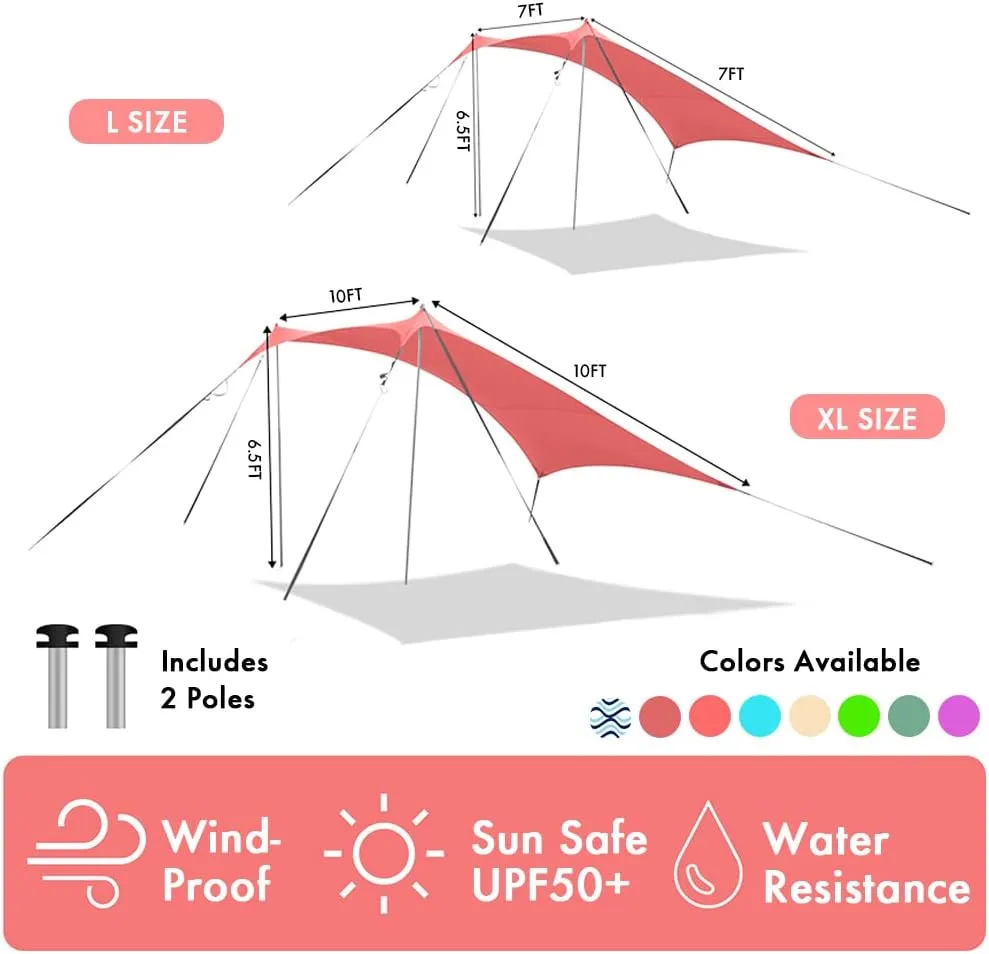 Beach Shade Windproof Design, Sun Shelter UPF50  Portable Family Tent with 6 Sandbags Anchors 7x7 FT 2 Pole Pop Up Outdoor Shelter for Beach, Camping, Fishing, Backyard and Picnics