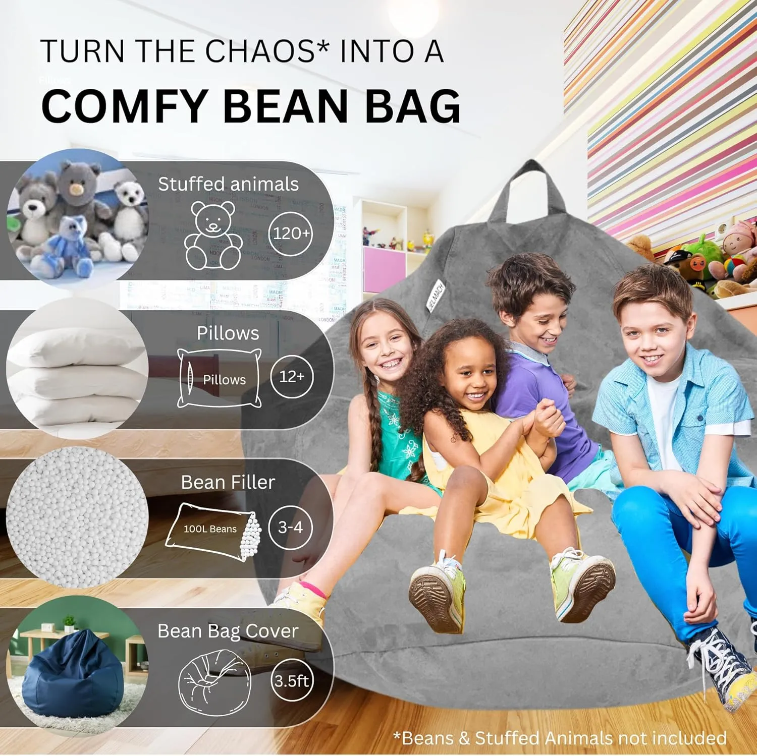 Bean Bag Chair Cover 3.5 ft (No Filler) | XL Stuffed Animal Storage | Double Stitched | Long Durable Zipper | Premium Microsuede
