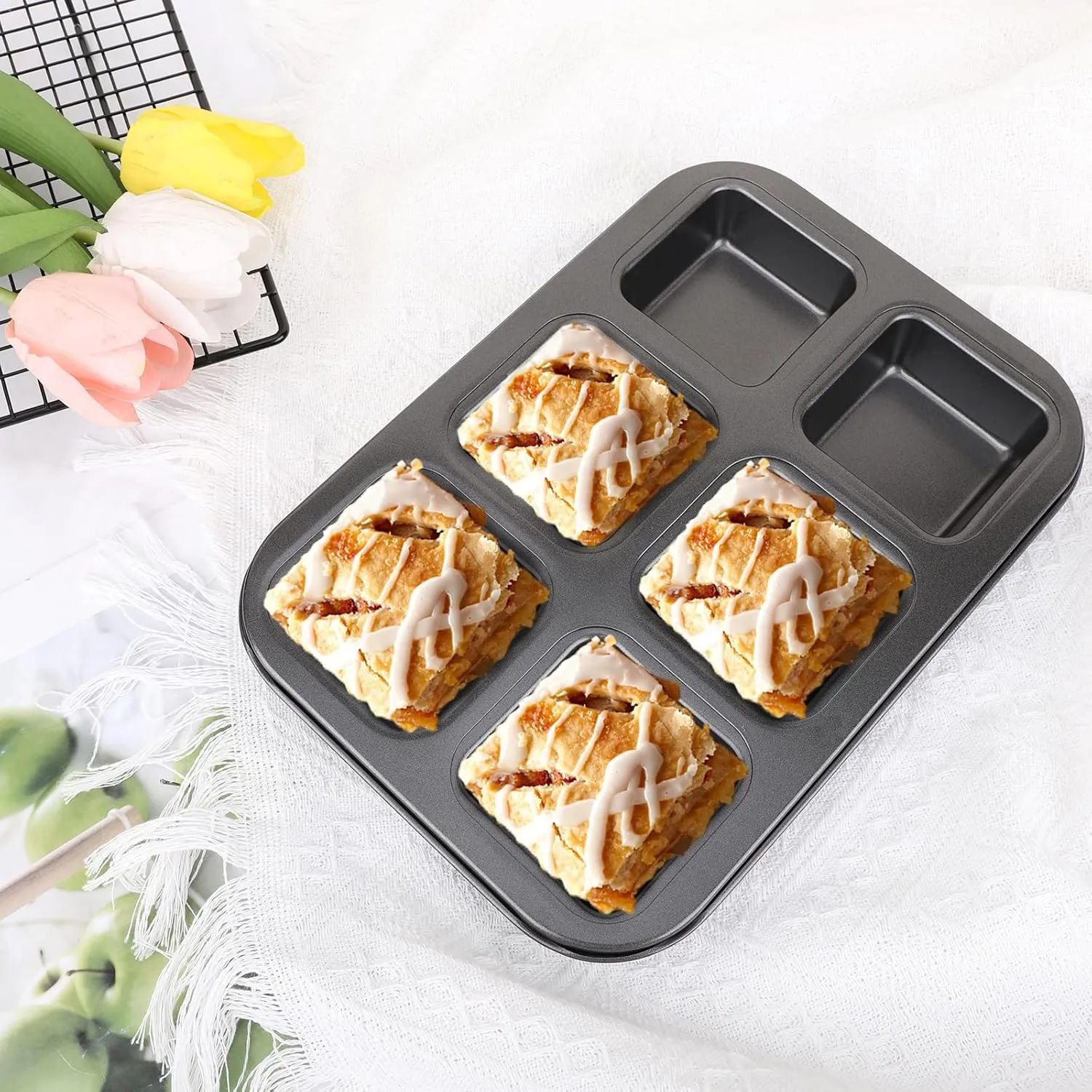 Beasea Nonstick Brownie Pan, 2 Pack 6 Cavity Black Square Brownie Muffin Pan Cake Pan Mini Cheesecake Cupcake Bakeware Carbon Steel 2x3 Cutter Brownie Baking Tray Bakeware for Oven Baking