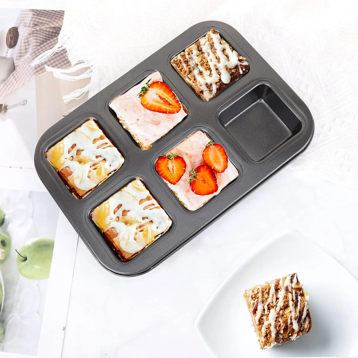 Beasea Nonstick Brownie Pan, 2 Pack 6 Cavity Black Square Brownie Muffin Pan Cake Pan Mini Cheesecake Cupcake Bakeware Carbon Steel 2x3 Cutter Brownie Baking Tray Bakeware for Oven Baking