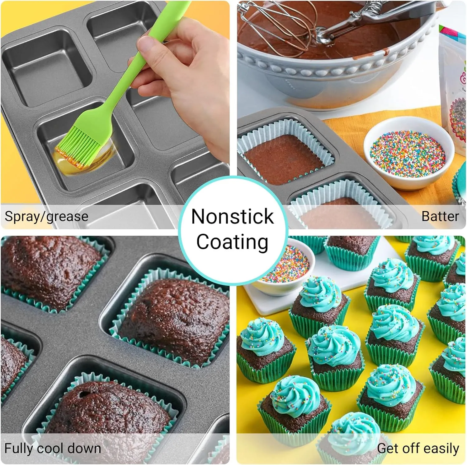 Beasea Nonstick Brownie Pan, 2 Pack 6 Cavity Black Square Brownie Muffin Pan Cake Pan Mini Cheesecake Cupcake Bakeware Carbon Steel 2x3 Cutter Brownie Baking Tray Bakeware for Oven Baking