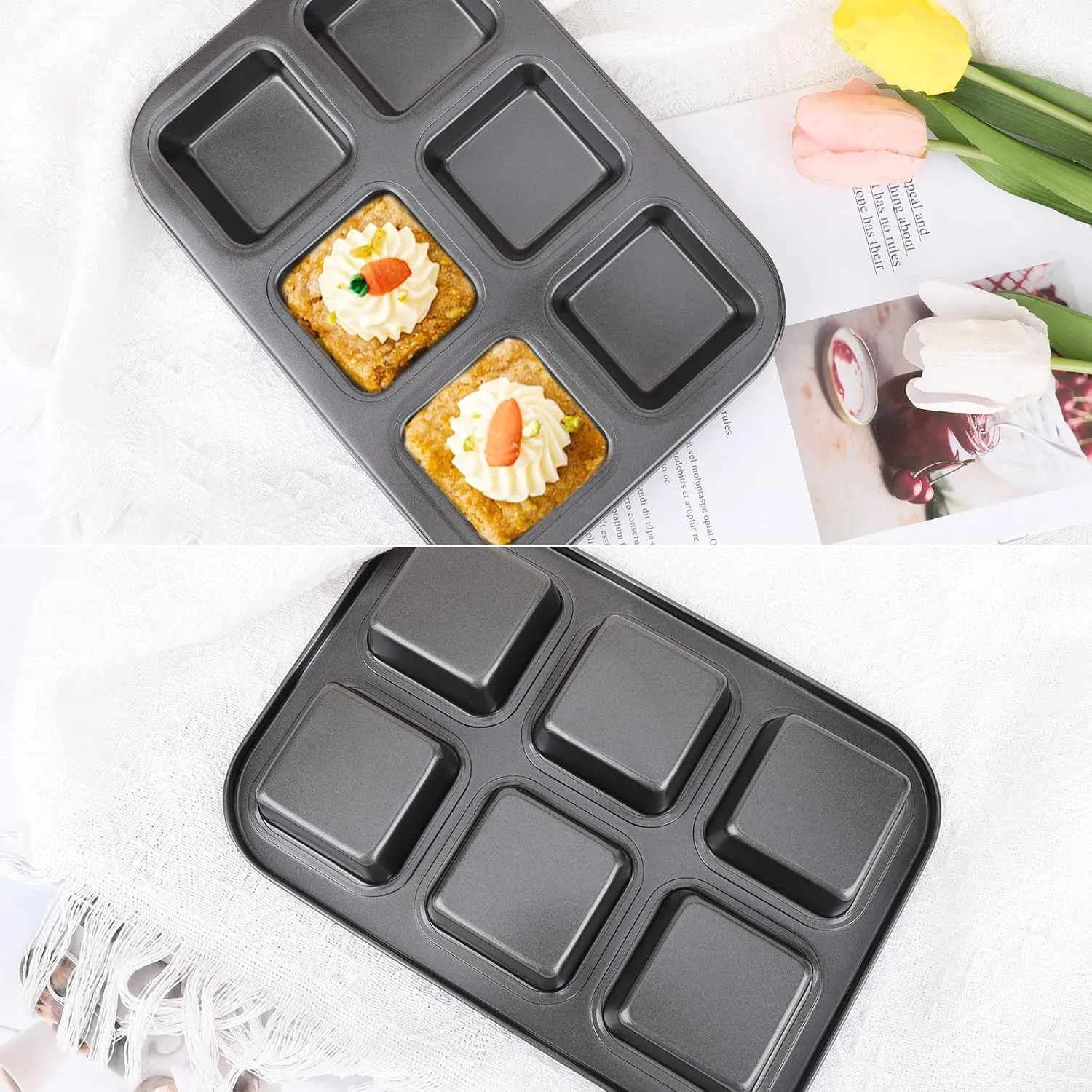Beasea Nonstick Brownie Pan, 2 Pack 6 Cavity Black Square Brownie Muffin Pan Cake Pan Mini Cheesecake Cupcake Bakeware Carbon Steel 2x3 Cutter Brownie Baking Tray Bakeware for Oven Baking