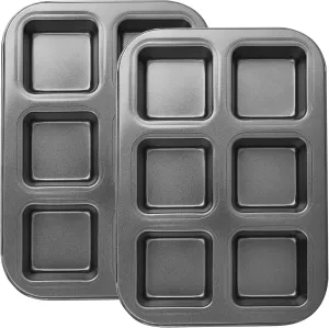 Beasea Nonstick Brownie Pan, 2 Pack 6 Cavity Black Square Brownie Muffin Pan Cake Pan Mini Cheesecake Cupcake Bakeware Carbon Steel 2x3 Cutter Brownie Baking Tray Bakeware for Oven Baking