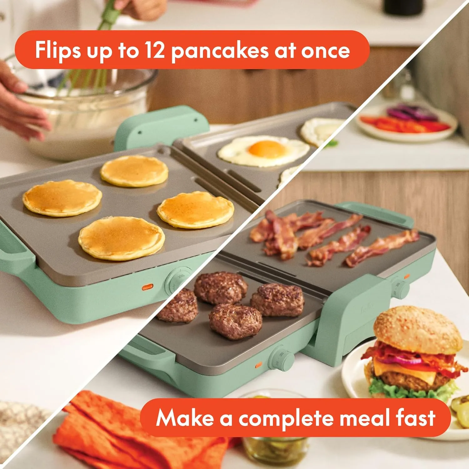 Bella 10"x 20" Ceramic Fold-n-Store Dual Temp Griddle, Fits-anywhere™ Kitchenware, EverGood Ceramic Nonstick Coating, 2 Temperature Zones up to 400°F​, Dishwasher Safe Drip Tray, 1500 Watt, Seaglass