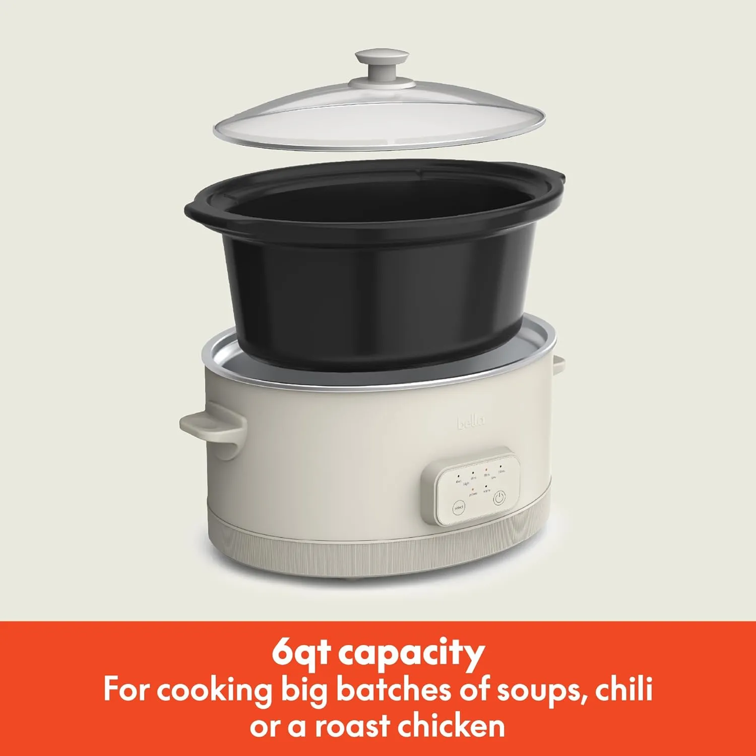 bella 6.0 Qt Programmable Slow Cooker, EverGood™ Ceramic Nonstick Coating, Adjustable Temperature & Cooking Times, Dishwasher Safe Stoneware Pot & Tempered Glass Lid, Tangle Free Cord Wrap, Oatmilk
