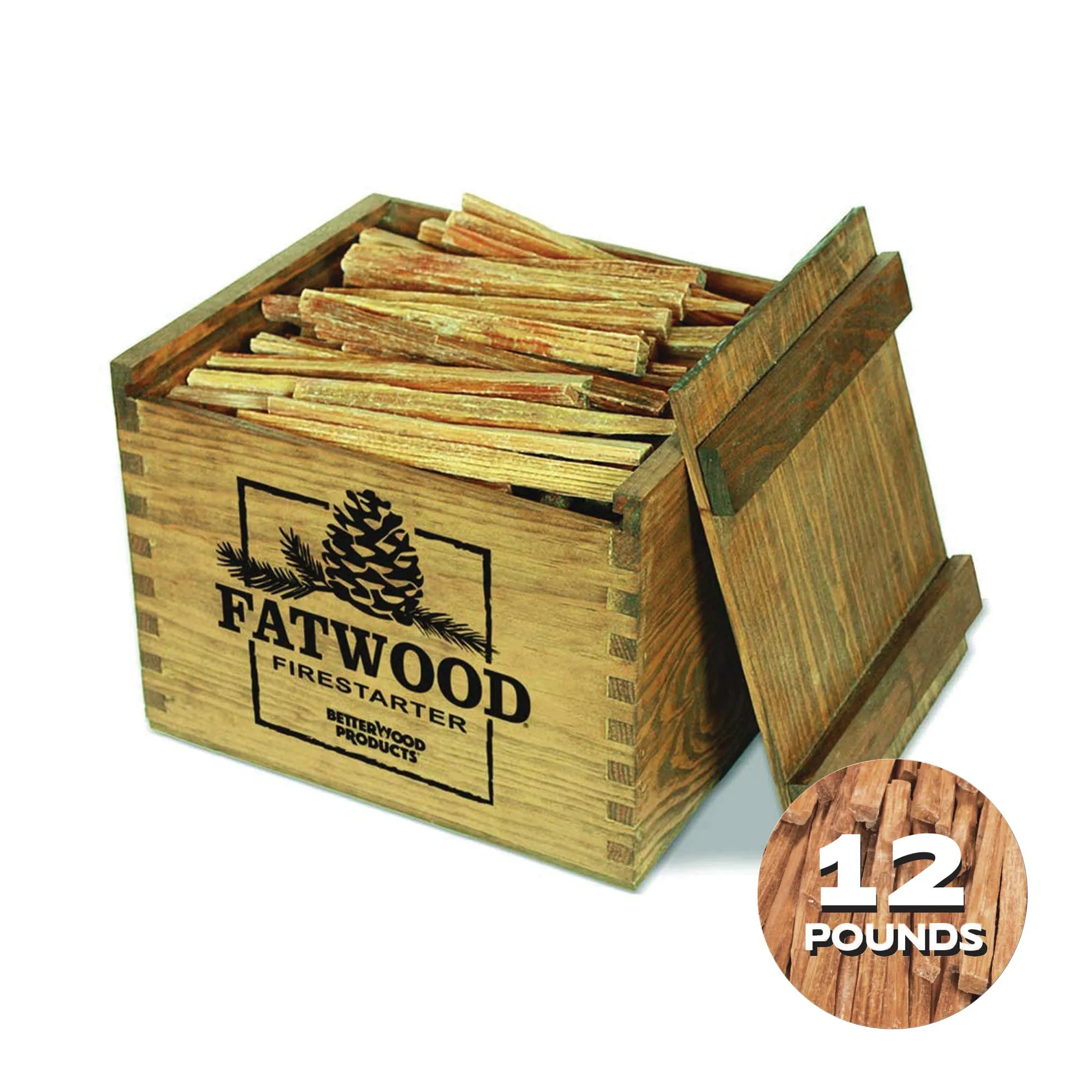 Better Wood Products Fatwood Firestarter Wooden Crate, 12-Pounds