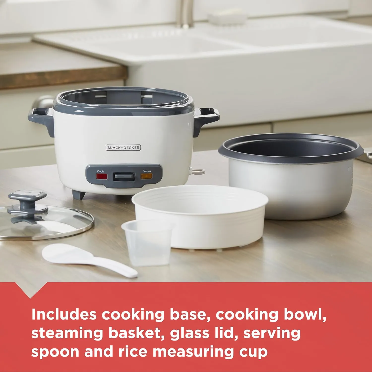 BLACK DECKER 16-Cup Rice Cooker, 8-Cup Uncooked Rice, Steaming Basket, Removable Non-Stick Bowl, One Touch, Keep Warm