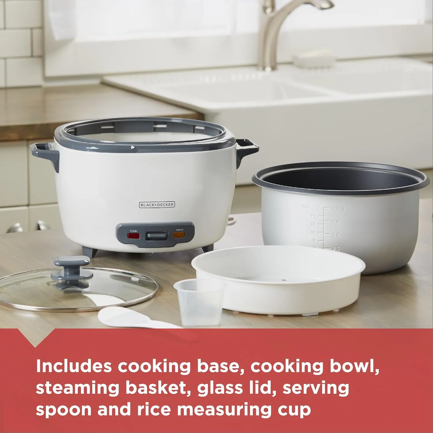 BLACK DECKER 6-Cup Rice Cooker, RC506, 3-cup Uncooked Rice, Steaming Basket, Removable Non-Stick Bowl, One Touch