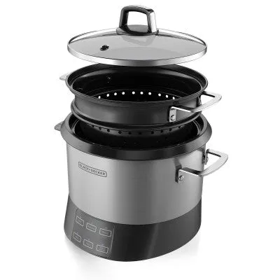BLACK DECKER | All-in-One Stainless Steel Cooking Pot: Rice Cooker, Slow Cooker, and Food Steamer with Saut� Function