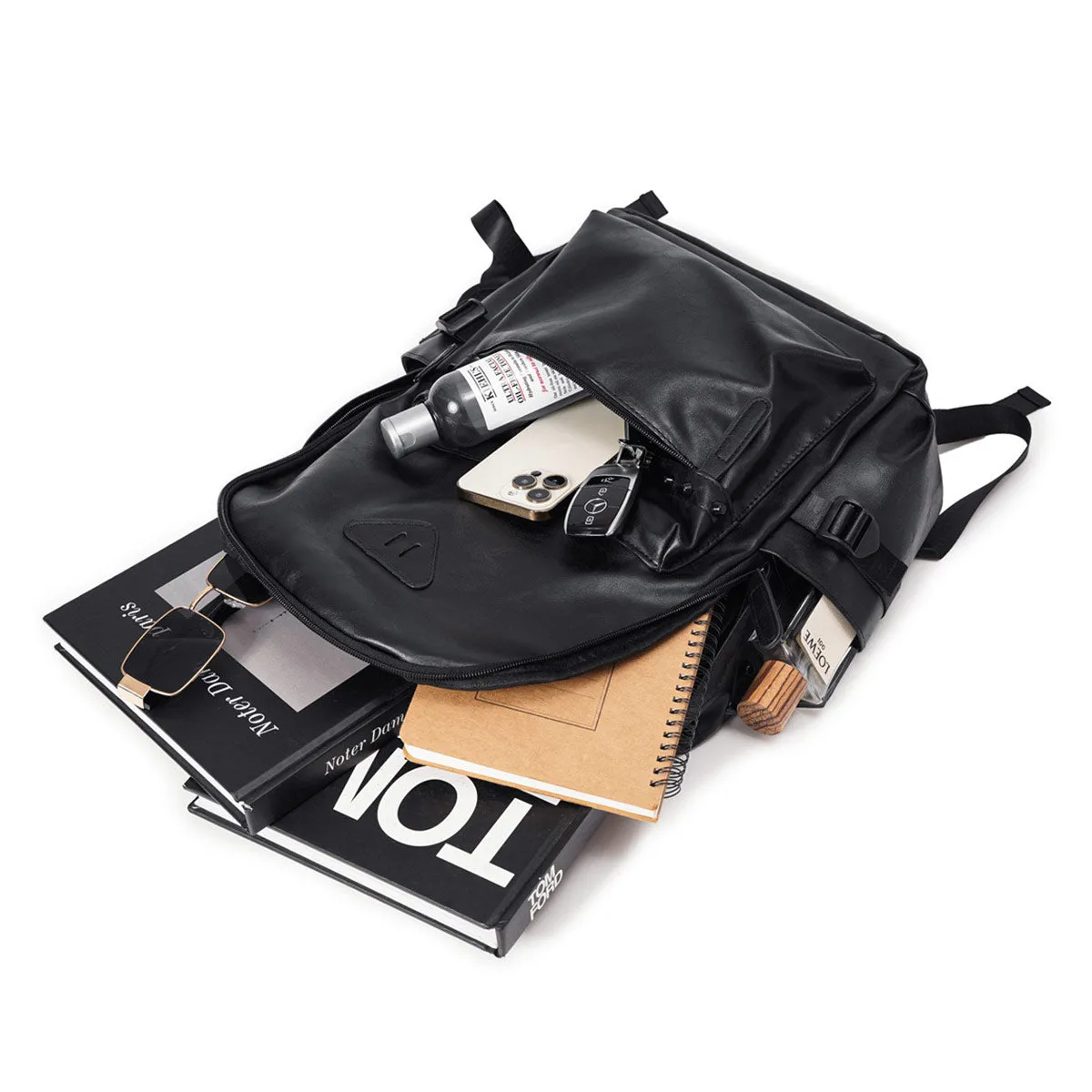 Black Waterproof PU Leather Laptop Backpack