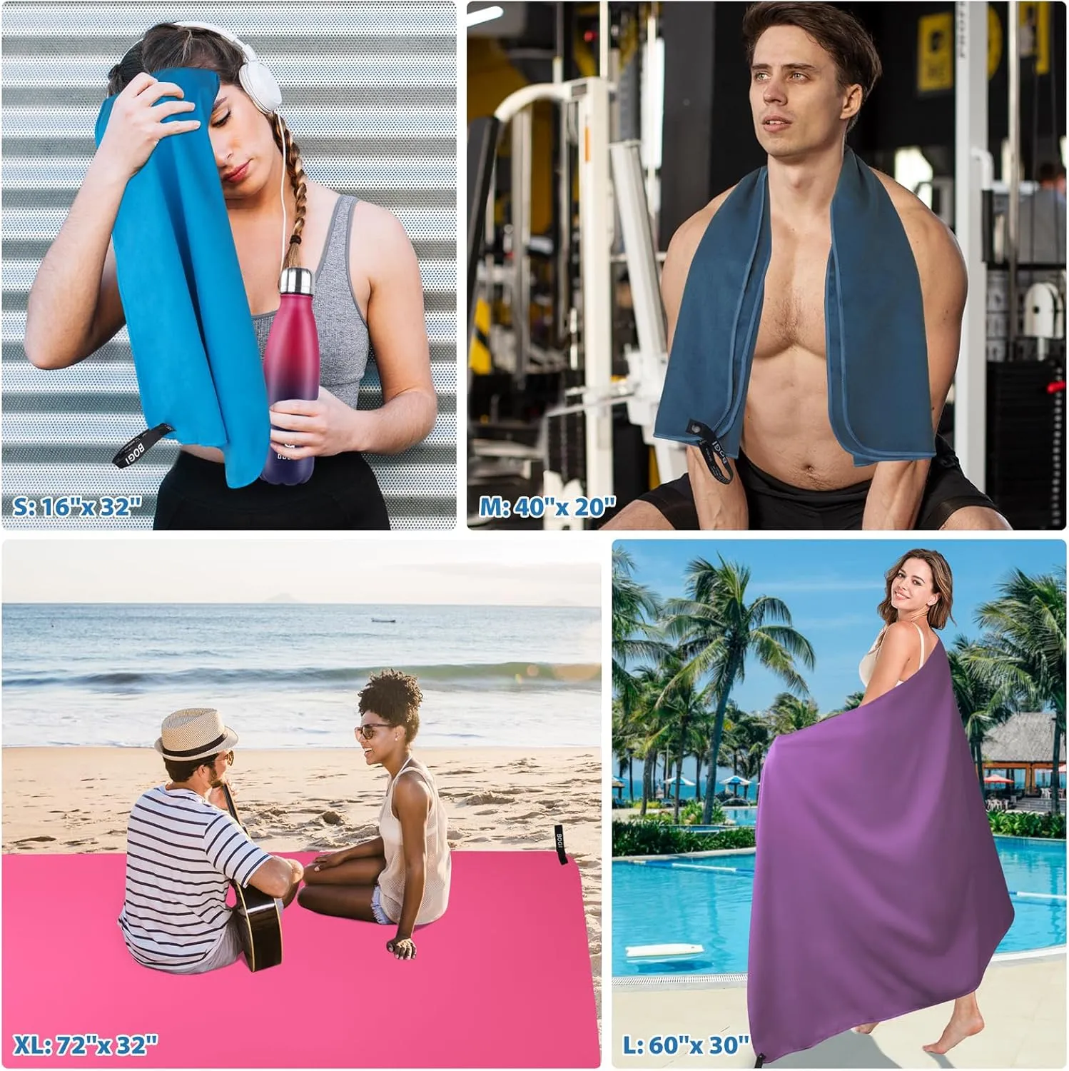BOGI 4 Pack Microfiber Travel Sports Towel-Quick Dry Towel, Soft Lightweight Microfiber Camping Towel Absorbent Compact Travel Towel for Camping Gym Beach Bath Yoga Swimming Backpacking-4 pcs Medium
