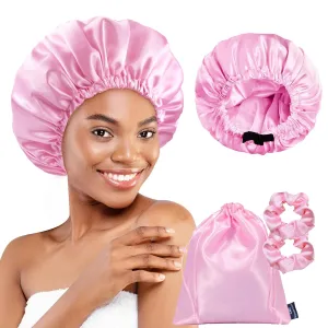 BONNET QUEEN Silk Bonnet for Sleeping Satin Bonnet for Women Double Layer Reversible Hair Wrap Elastic Sleep Cap with 2 Scrunchies & 1 Satin Bag (Pink)