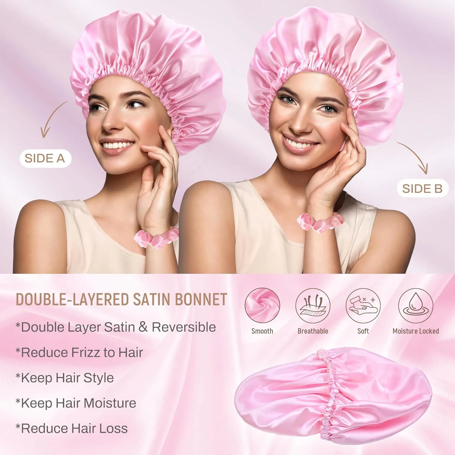 BONNET QUEEN Silk Bonnet for Sleeping Satin Bonnet for Women Double Layer Reversible Hair Wrap Elastic Sleep Cap with 2 Scrunchies & 1 Satin Bag (Pink)