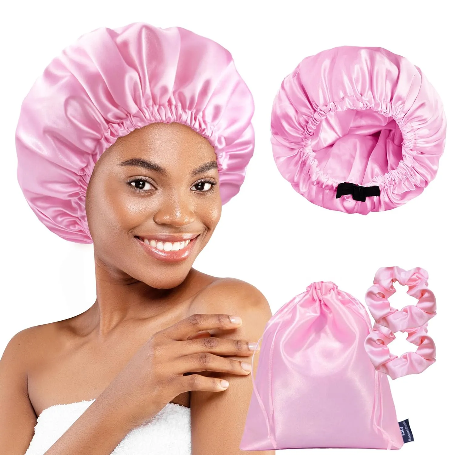 BONNET QUEEN Silk Bonnet for Sleeping Satin Bonnet for Women Double Layer Reversible Hair Wrap Elastic Sleep Cap with 2 Scrunchies & 1 Satin Bag (Pink)