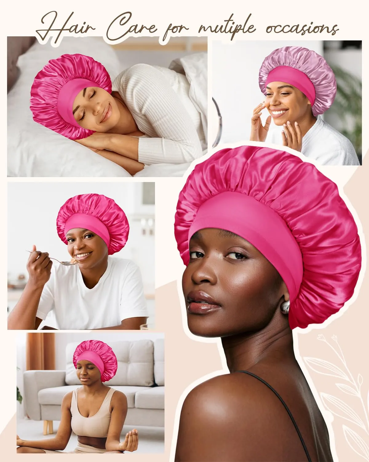 BONNET QUEEN Silk Bonnet for Sleeping Women Double Layer Reversible Satin Bonnet Sleep Cap for Curly Hair,Hot Pink & Dark Rose Gold