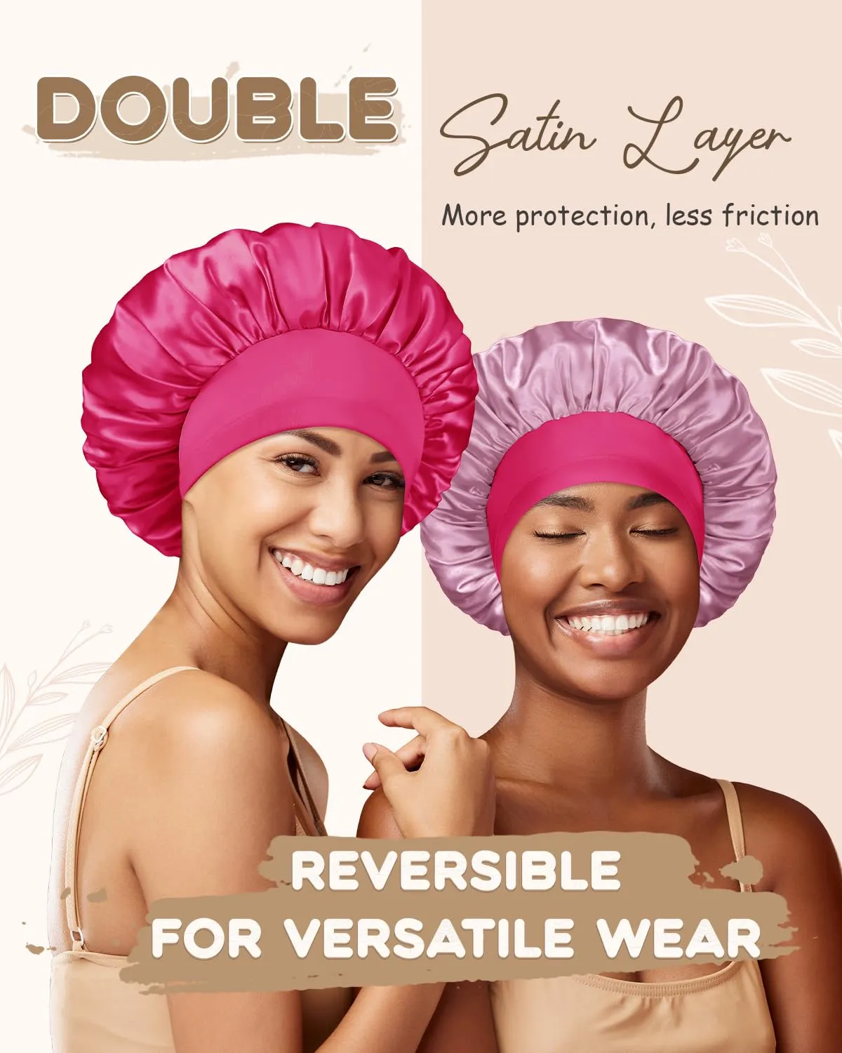 BONNET QUEEN Silk Bonnet for Sleeping Women Double Layer Reversible Satin Bonnet Sleep Cap for Curly Hair,Hot Pink & Dark Rose Gold