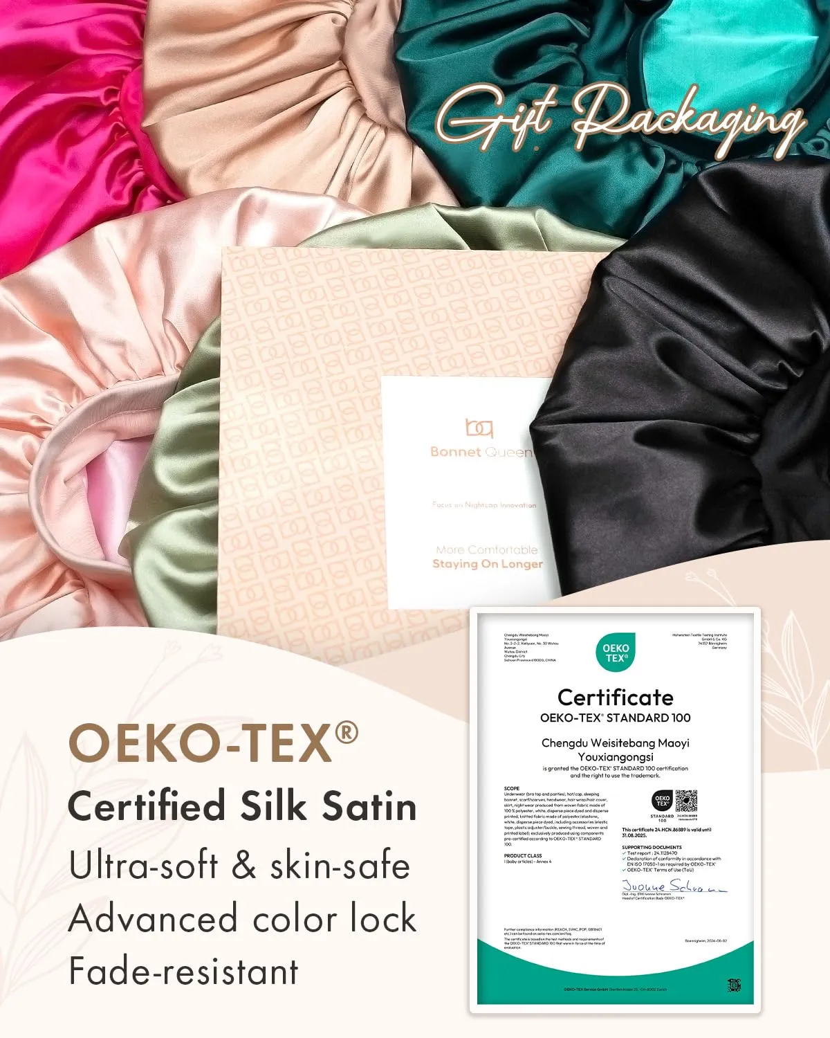 BONNET QUEEN Silk Bonnet for Sleeping Women Double Layer Reversible Satin Bonnet Sleep Cap for Curly Hair,Hot Pink & Dark Rose Gold