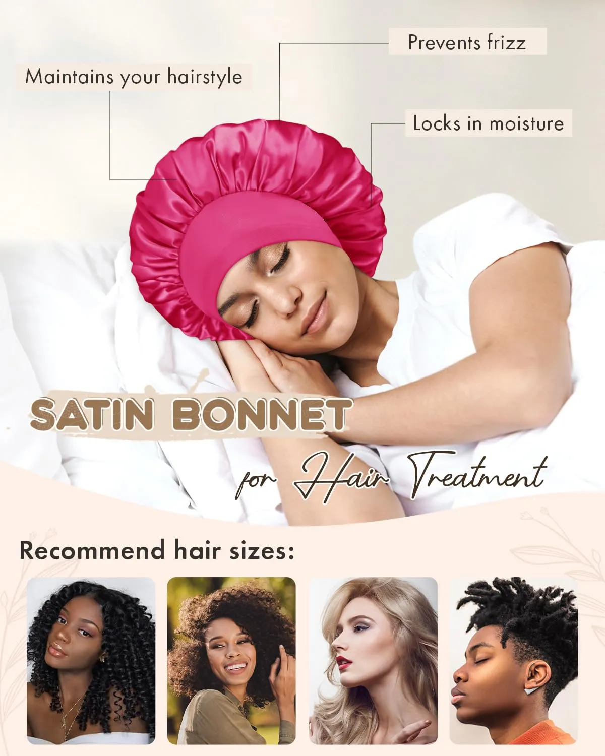 BONNET QUEEN Silk Bonnet for Sleeping Women Double Layer Reversible Satin Bonnet Sleep Cap for Curly Hair,Hot Pink & Dark Rose Gold