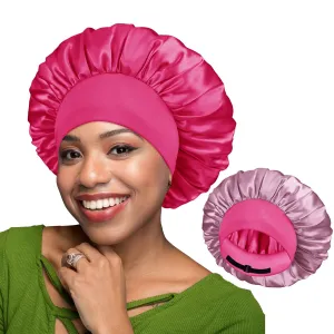 BONNET QUEEN Silk Bonnet for Sleeping Women Double Layer Reversible Satin Bonnet Sleep Cap for Curly Hair,Hot Pink & Dark Rose Gold