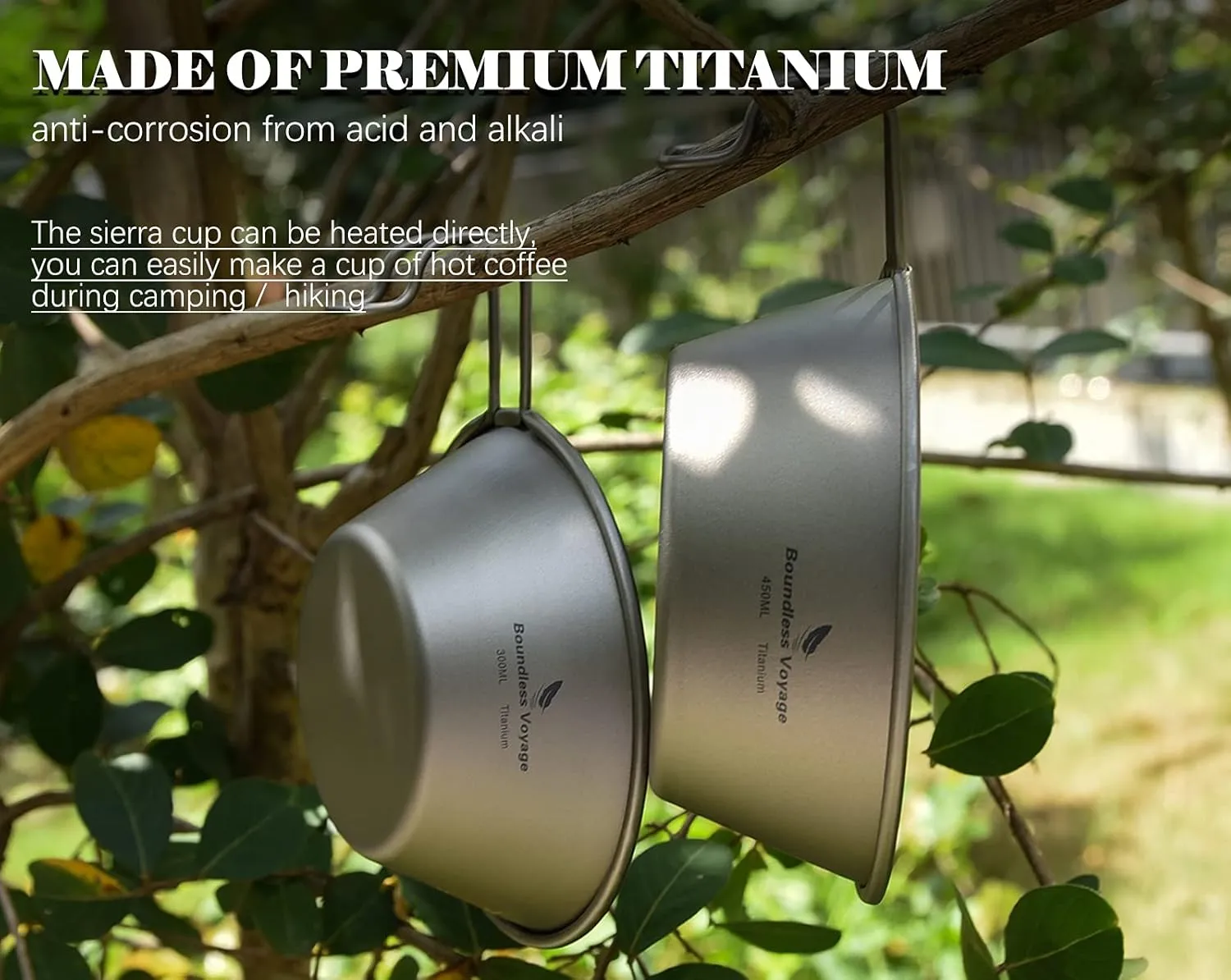 Boundless Voyage 300ml/450ml Titanium Sierra Cup Bowl with Handle Portable Lightweight for Camping Hiking