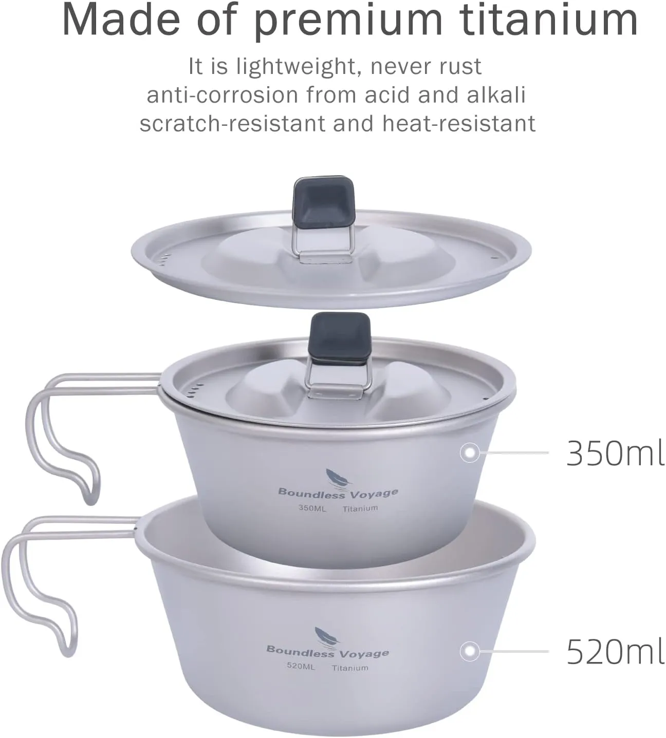 Boundless Voyage 350ML 520ML Titanium Sierra Bowl Cup Pot with Handle Lid for Outdoor Camping Hiking Portable Mug Tableware A-Ti1099T