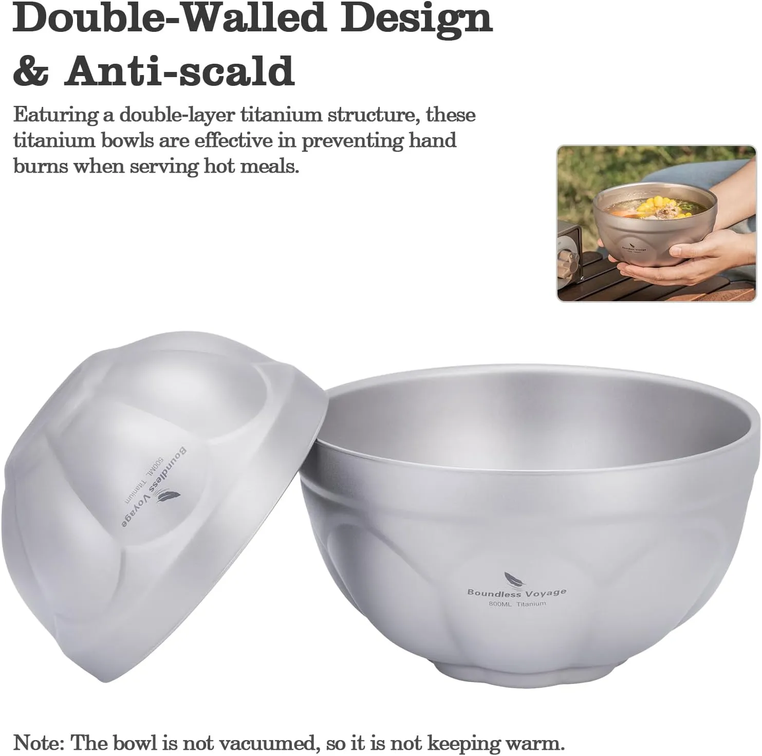 Boundless Voyage 500ml 800ml Titanium Double Walled Camping Bowls Rice Soup Oatmeal Yogurt Serving Bowl Ultralight Tableware, Dishwasher Safe Ti1173T