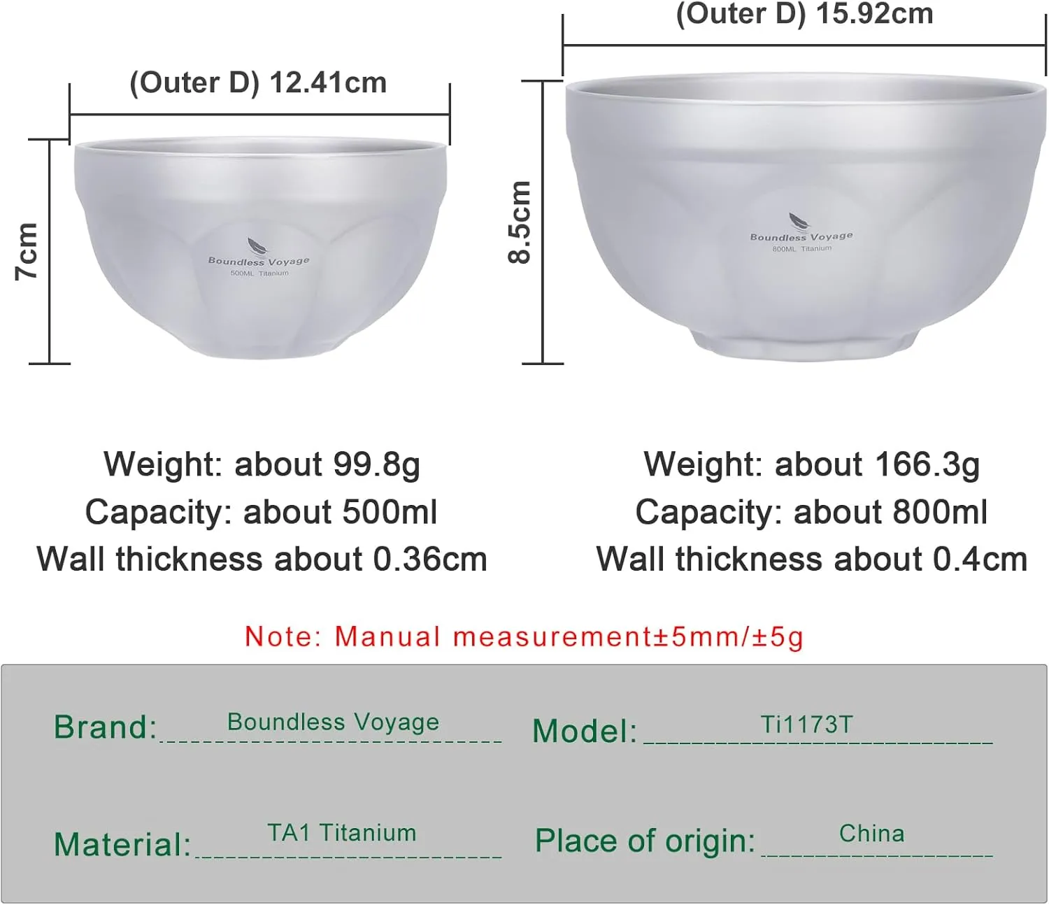 Boundless Voyage 500ml 800ml Titanium Double Walled Camping Bowls Rice Soup Oatmeal Yogurt Serving Bowl Ultralight Tableware, Dishwasher Safe Ti1173T