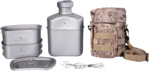 Boundless Voyage Camping Titanium Canteen Cups Set Military Mess Kit 1100ml Army Water Bottle 750ml 400ml Cups with Cover Outdoor Protable Ultralight Cooking Cookware with Pouch Ti2049C