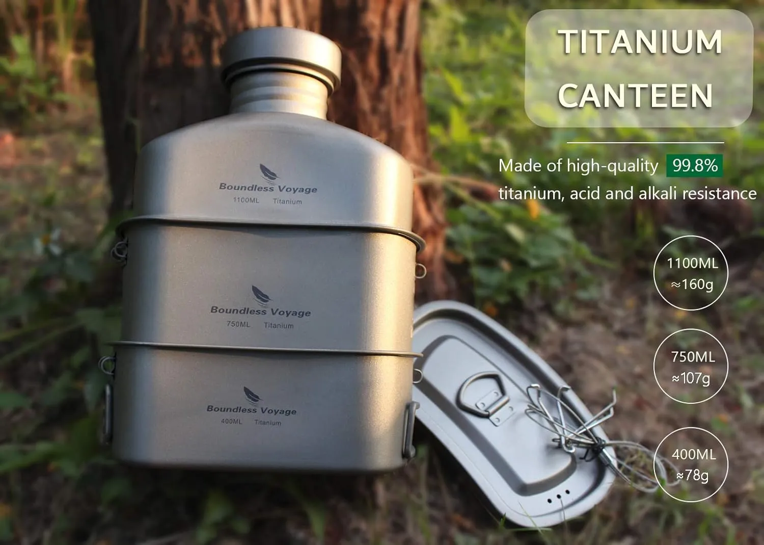 Boundless Voyage Camping Titanium Canteen Cups Set Military Mess Kit 1100ml Army Water Bottle 750ml 400ml Cups with Cover Outdoor Protable Ultralight Cooking Cookware with Pouch Ti2049C