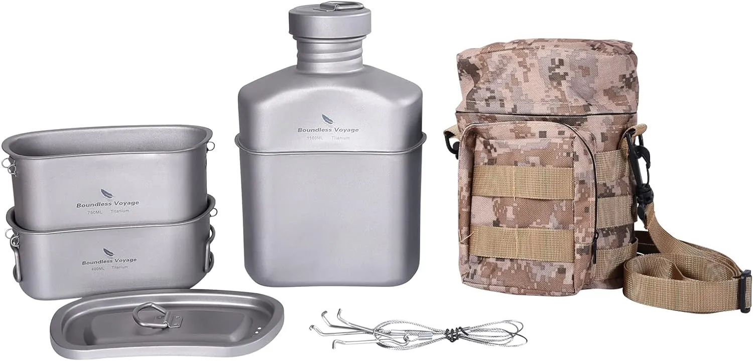 Boundless Voyage Camping Titanium Canteen Cups Set Military Mess Kit 1100ml Army Water Bottle 750ml 400ml Cups with Cover Outdoor Protable Ultralight Cooking Cookware with Pouch Ti2049C