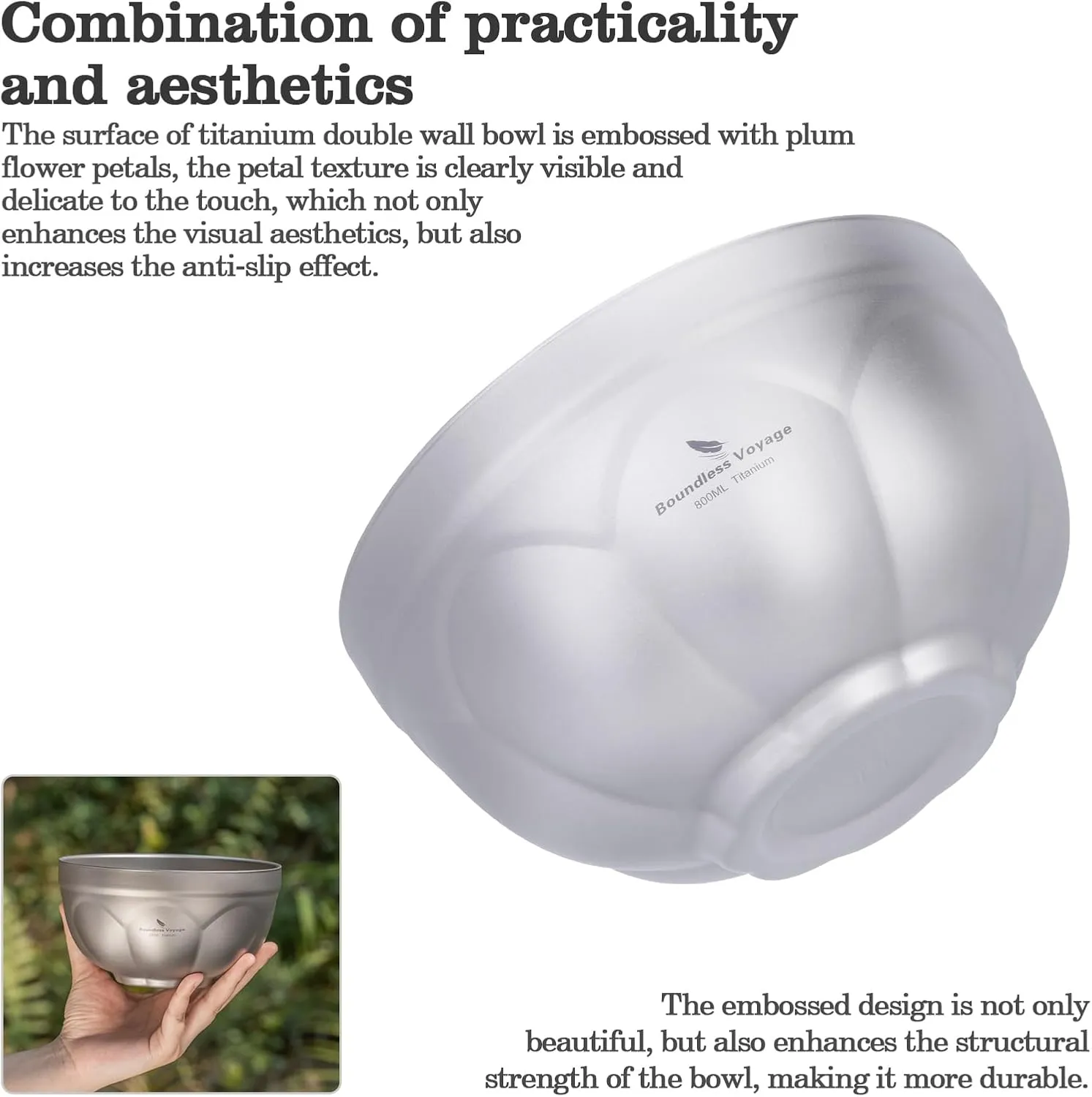 Boundless Voyage Titanium Double Walled Camping Bowls Rice Soup Oatmeal Yogurt Serving Bowl Ultralight Tableware, Dishwasher Safe 800ml Ti1172T