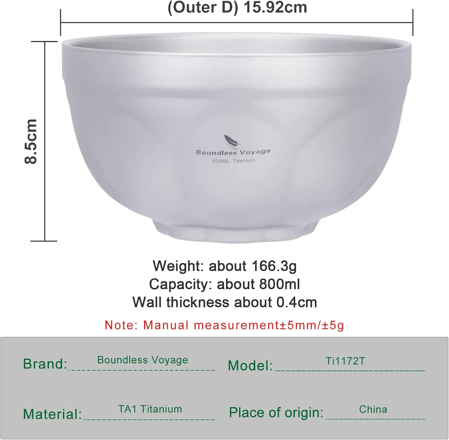 Boundless Voyage Titanium Double Walled Camping Bowls Rice Soup Oatmeal Yogurt Serving Bowl Ultralight Tableware, Dishwasher Safe 800ml Ti1172T
