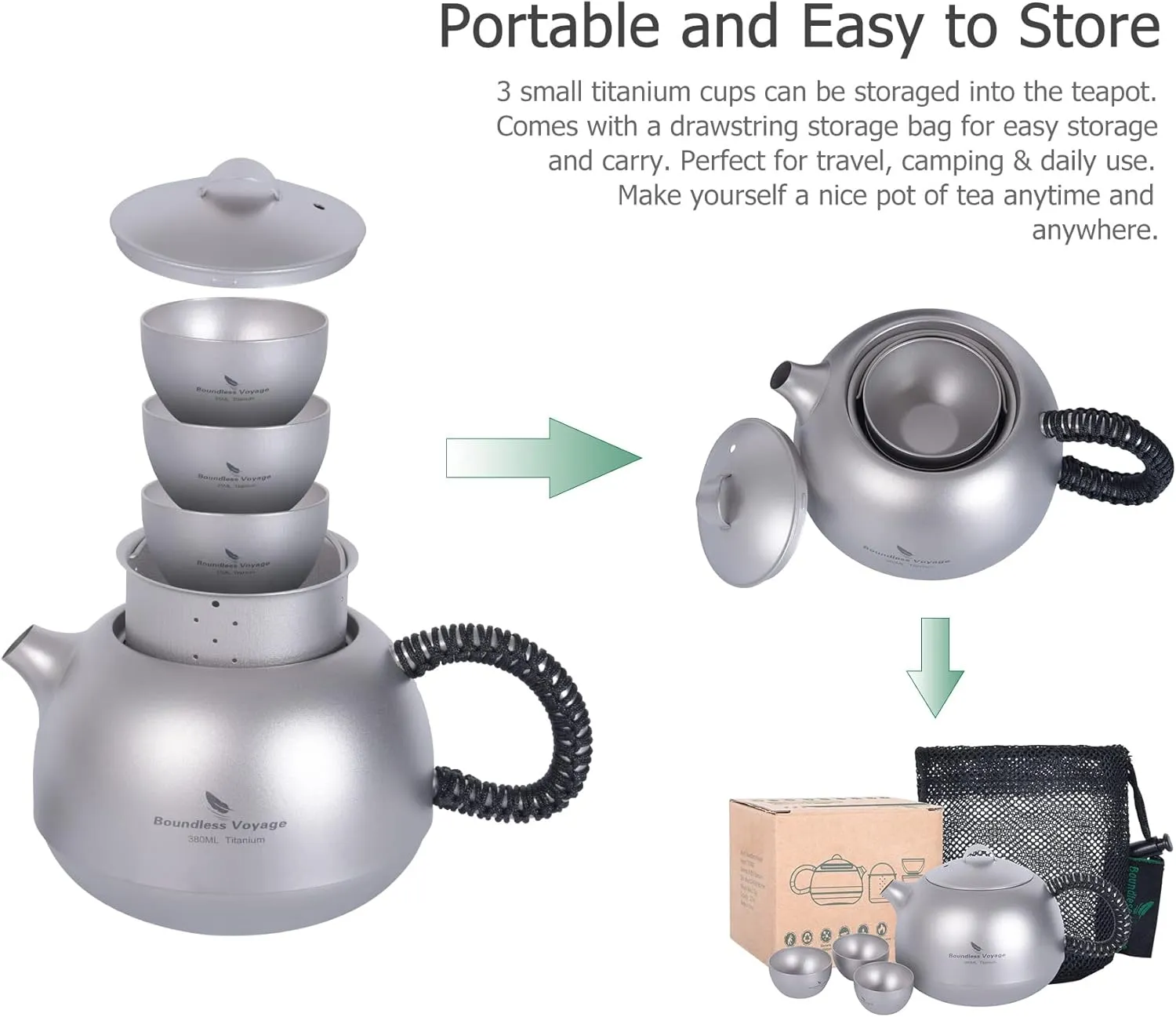 Boundless Voyage Titanium Kungfu Teapot with Filter Handle Lid Tea Canister Ultralight Mini Kettle Cup Tea Set Camping Coffee Tea Water Maker A-Ti3110D